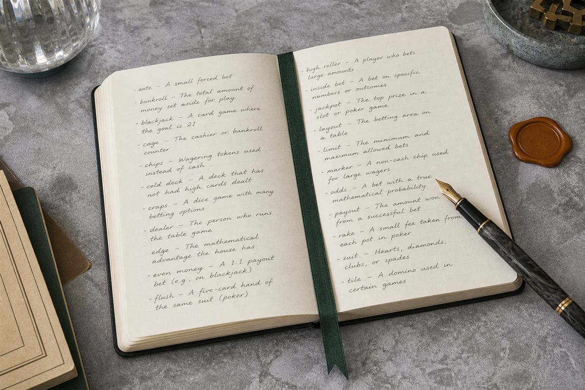 Open notebook and pen suggesting a reference glossary