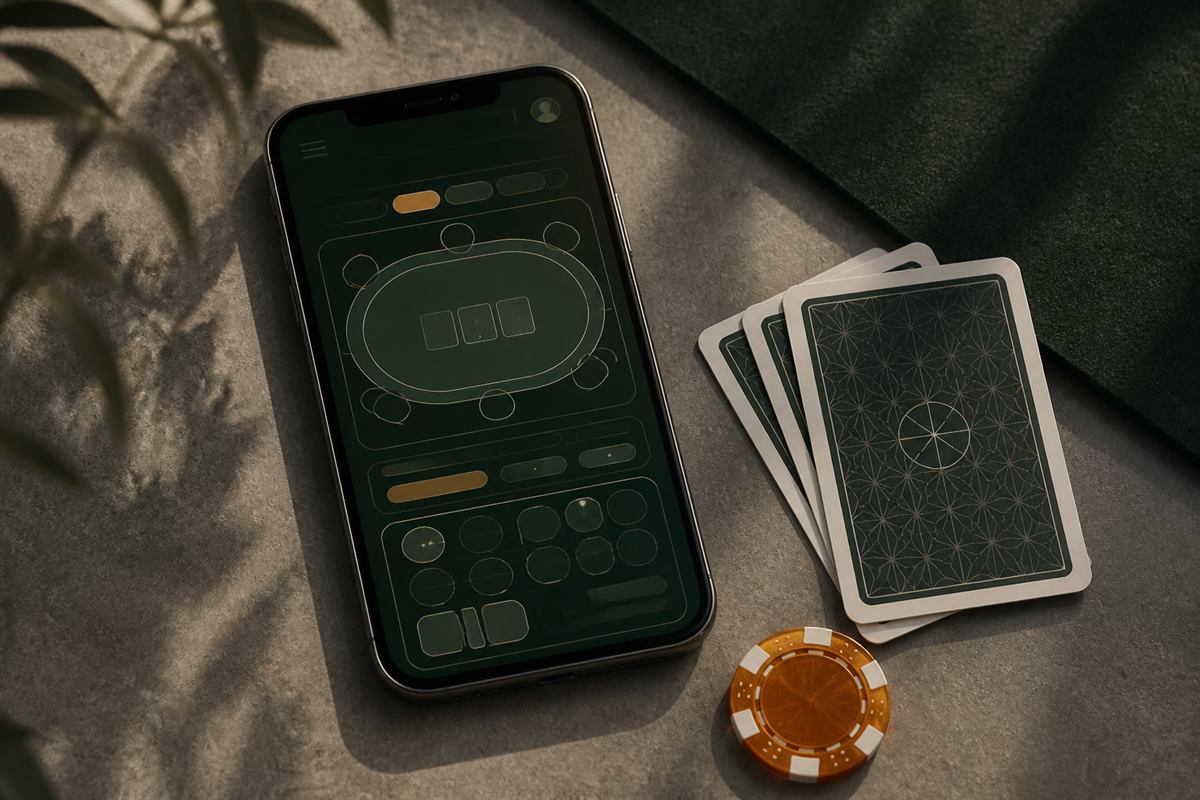 Smartphone with abstract lobby wireframe beside cards and a chip