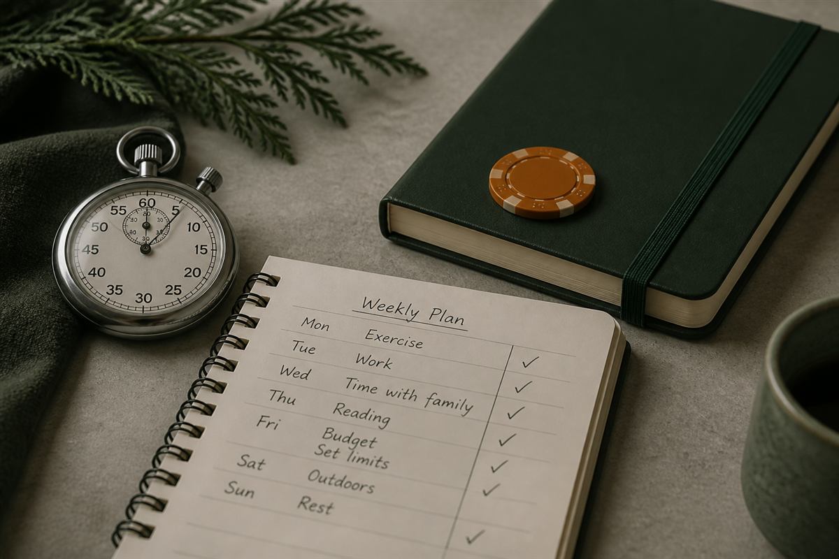 Calm desk scene with stopwatch and notebook suggesting measured play